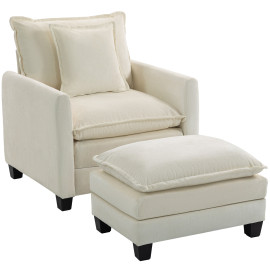 Fauteuil Adalbert Salon Repose-Pieds Grand Confort Tissu Chenille Crème Luxe