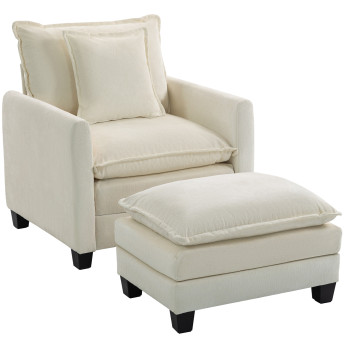 Fauteuil Adalbert Salon Repose-Pieds Grand Confort Tissu Chenille Crème Luxe