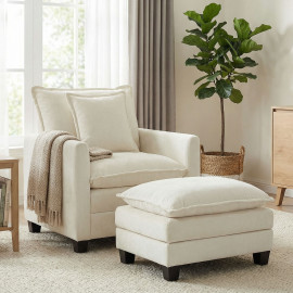 Fauteuil Adalbert Salon Repose-Pieds Grand Confort Tissu Chenille Crème Luxe