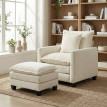 Fauteuil Adalbert Salon Repose-Pieds Grand Confort Tissu Chenille Crème Luxe
