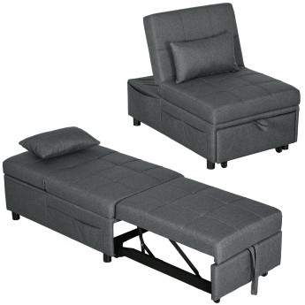 Fauteuil Sukarrieta Convertible 3-en-1 Gris Tissu Capitonné Inclinable Lit Pouf