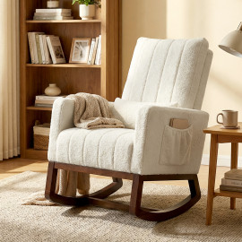 Fauteuil Riedenburg bascule relaxant confort bouclette crème bois noyer