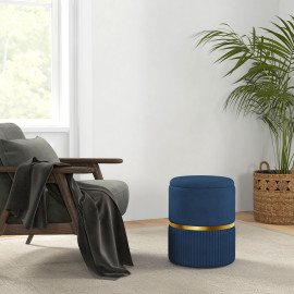 Pouf Zollbach Tabouret Design Rangement Velours Côtelé Acier Doré Bleu Nuit