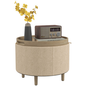 Pouf Bohemond Repose-Pieds Rangement Plateau Bois Tissu Lin Beige 56x56x42cm