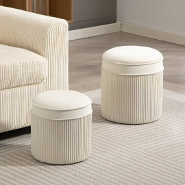 Lot 2 Poufs Coffres Vittorio Rangement Velours Côtelé Crème Design Élégant