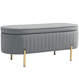 Banquette Irwyn Design Ovale Chic Rangement Velours Gris Pieds Dorés 108cm