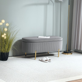Banquette Irwyn Design Ovale Chic Rangement Velours Gris Pieds Dorés 108cm