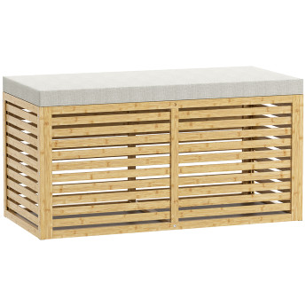 Banc Coffre Maurin Rangement Confortable Bambou Tissu Gris 122L Assise Moelleuse
