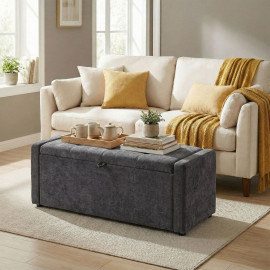 Banquette Kunhild Coffre Rangement Assise Capitonnée Tissu Anthracite 122 cm