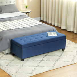 Banquette Coffre Baldomero Style Chesterfield Tissu Bleu Rangement Confort 125cm