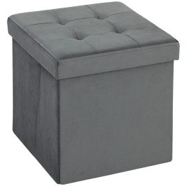 Pouf Coffre Ildefonso Velours Capitonné Pliable Gris Rangement Confortable