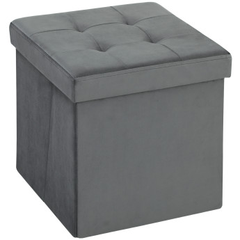 Pouf Coffre Ildefonso Velours Capitonné Pliable Gris Rangement Confortable
