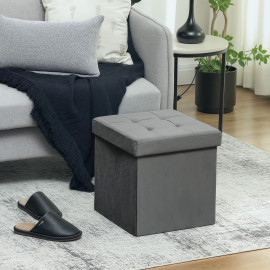 Pouf Coffre Ildefonso Velours Capitonné Pliable Gris Rangement Confortable