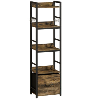 Bibliothèque Fridolin Rangement Vertical Étagères Tiroir Crochets Métal Brun Rustique 136 cm