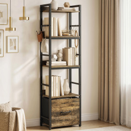 Bibliothèque Fridolin Rangement Vertical Étagères Tiroir Crochets Métal Brun Rustique 136 cm
