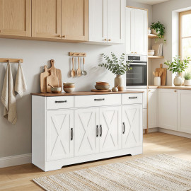 Buffet Sieglinde Style Campagnard Chic Blanc & Noyer Rangement Polyvalent 140 cm