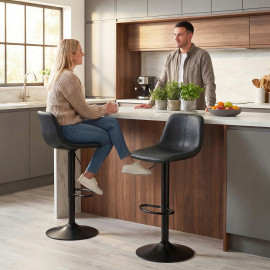 Lot 2 Tabourets Bar Darnaval Réglables 360° Confort Noir Design Moderne