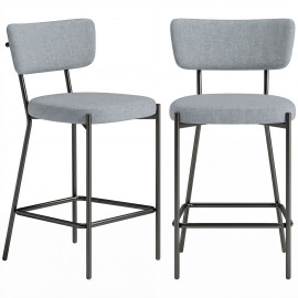 Lot 2 Tabourets Bar Rosamund Néo Rétro Dossier Incurvé Tissu Gris Clair 93 cm