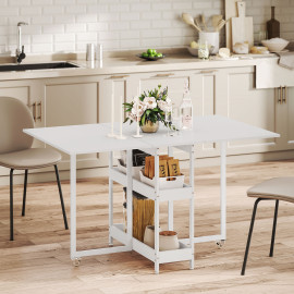 Table Reinold Pliable Rabattable 2-4 Pers avec Rangement Blanc
