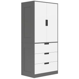 Armoire Bergenhof 2 Portes Penderie 3 Tiroirs Blanc Gris Rangement Chambre Moderne