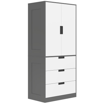 Armoire Bergenhof 2 Portes Penderie 3 Tiroirs Blanc Gris Rangement Chambre Moderne