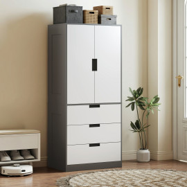 Armoire Bergenhof 2 Portes Penderie 3 Tiroirs Blanc Gris Rangement Chambre Moderne