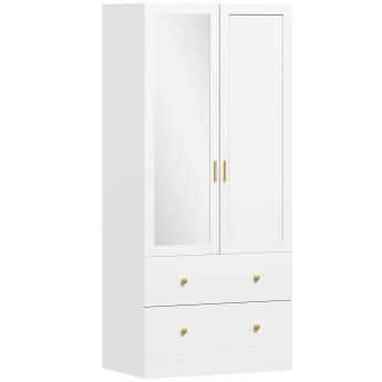 Armoire Penderie Hildegonde Design Miroir 2 Portes Tiroirs Blanc Doré Élégante Sécurisée
