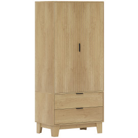 Armoire Fromont Penderie 2 Portes Cannelées Tiroirs Effet Bois Clair Naturel Silencieuse
