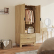 Armoire Fromont Penderie 2 Portes Cannelées Tiroirs Effet Bois Clair Naturel Silencieuse