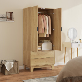 Armoire Fromont Penderie 2 Portes Cannelées Tiroirs Effet Bois Clair Naturel Silencieuse