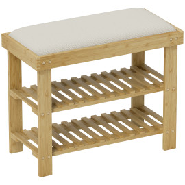 Banc Cholere Yolande Organisateur Chaussures 3 Niveaux Bambou Blanc Cassé Bois Naturel