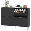 Meuble à Chaussures Flore Art Déco 4 Portes Métal Doré Noir Élégant Rangement Entrée