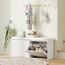 Banc Meuble Eladio Design 2 en 1 Rangement Chaussures Blanc Doré Chic Confortable