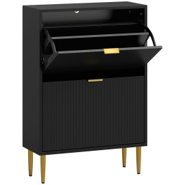 Meuble à Chaussures Waldrada Art Déco Luxe Noir Portes Dorées Rangement Élégant 12 Paires