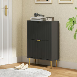 Meuble à Chaussures Waldrada Art Déco Luxe Noir Portes Dorées Rangement Élégant 12 Paires