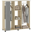 Armoire Penderie Mobile Manfred Dressing Roulettes 2 Tringles Étagères Rideau Gris Bois Clair