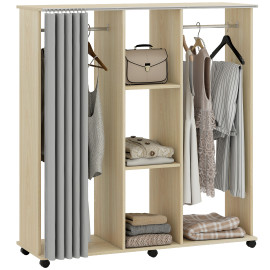 Armoire Penderie Mobile Manfred Dressing Roulettes 2 Tringles Étagères Rideau Gris Bois Clair