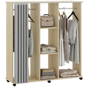 Armoire Penderie Mobile Manfred Dressing Roulettes 2 Tringles Étagères Rideau Gris Bois Clair