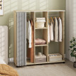 Armoire Penderie Mobile Manfred Dressing Roulettes 2 Tringles Étagères Rideau Gris Bois Clair