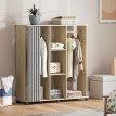 Armoire Penderie Mobile Manfred Dressing Roulettes 2 Tringles Étagères Rideau Gris Bois Clair