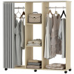 Armoire Penderie Mobile Manfred Dressing Roulettes 2 Tringles Étagères Rideau Gris Bois Clair