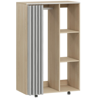 Armoire Penderie Waldwyn sur Roulettes 3 Compartiments Rideaux Naturel