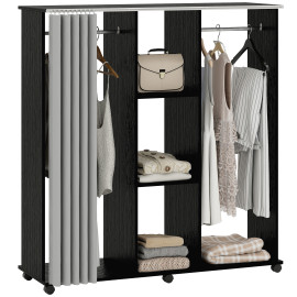 Armoire Josselin Penderie Mobile 2 Tringles Étagères Rideau Noir Gris Effet Bois
