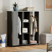 Armoire Josselin Penderie Mobile 2 Tringles Étagères Rideau Noir Gris Effet Bois