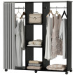 Armoire Josselin Penderie Mobile 2 Tringles Étagères Rideau Noir Gris Effet Bois