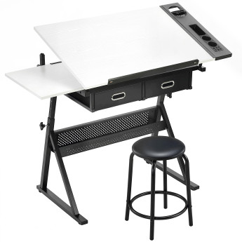 Table à dessin Osorio réglable en hauteur et inclinaison avec tabouret noir blanc