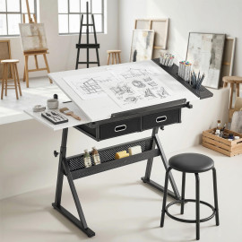 Table à dessin Osorio réglable en hauteur et inclinaison avec tabouret noir blanc
