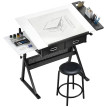Table à dessin Osorio réglable en hauteur et inclinaison avec tabouret noir blanc