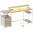 Bureau Zenone LED Éclairage Réglable Prises USB Support Écran 2 Tiroirs Blanc Bois Naturel