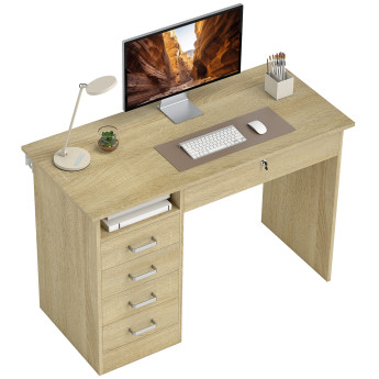 Bureau Dorno Informatique 5 Tiroirs Verrouillable Style Chêne Naturel Élégante